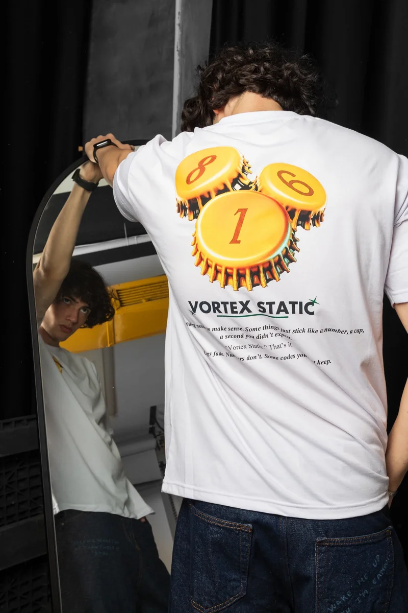 Vortex Static Baskılı Oversize Unisex Beyaz Tshirt