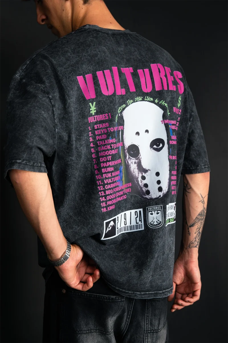 Vultures Baskılı Oversize Unisex Yıkamalı Siyah Tshirt