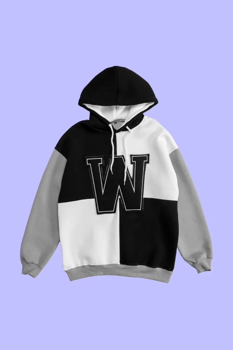 W Patch Detaylı Parçalı Oversize Unisex Siyah Hoodie