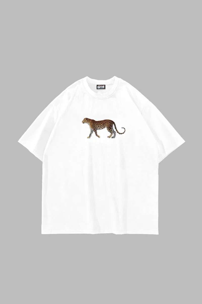 Walking Leopard Baskılı Oversize Unisex Beyaz Tshirt