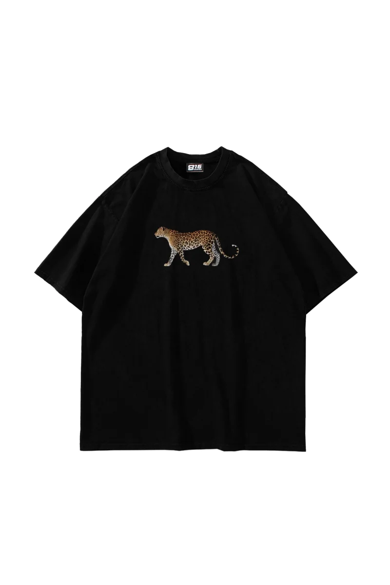 Walking Leopard Baskılı Oversize Unisex Siyah Tshirt