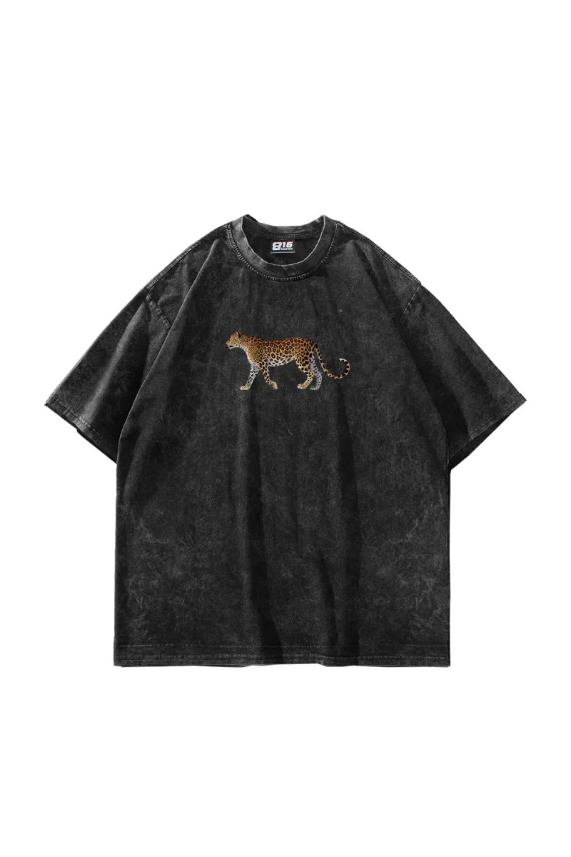 Walking Leopard Baskılı Oversize Unisex Yıkamalı Siyah Tshirt