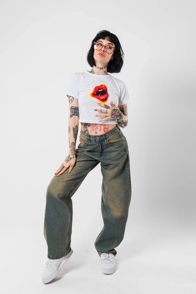 Wet Lips Baskılı Beyaz Crop Top