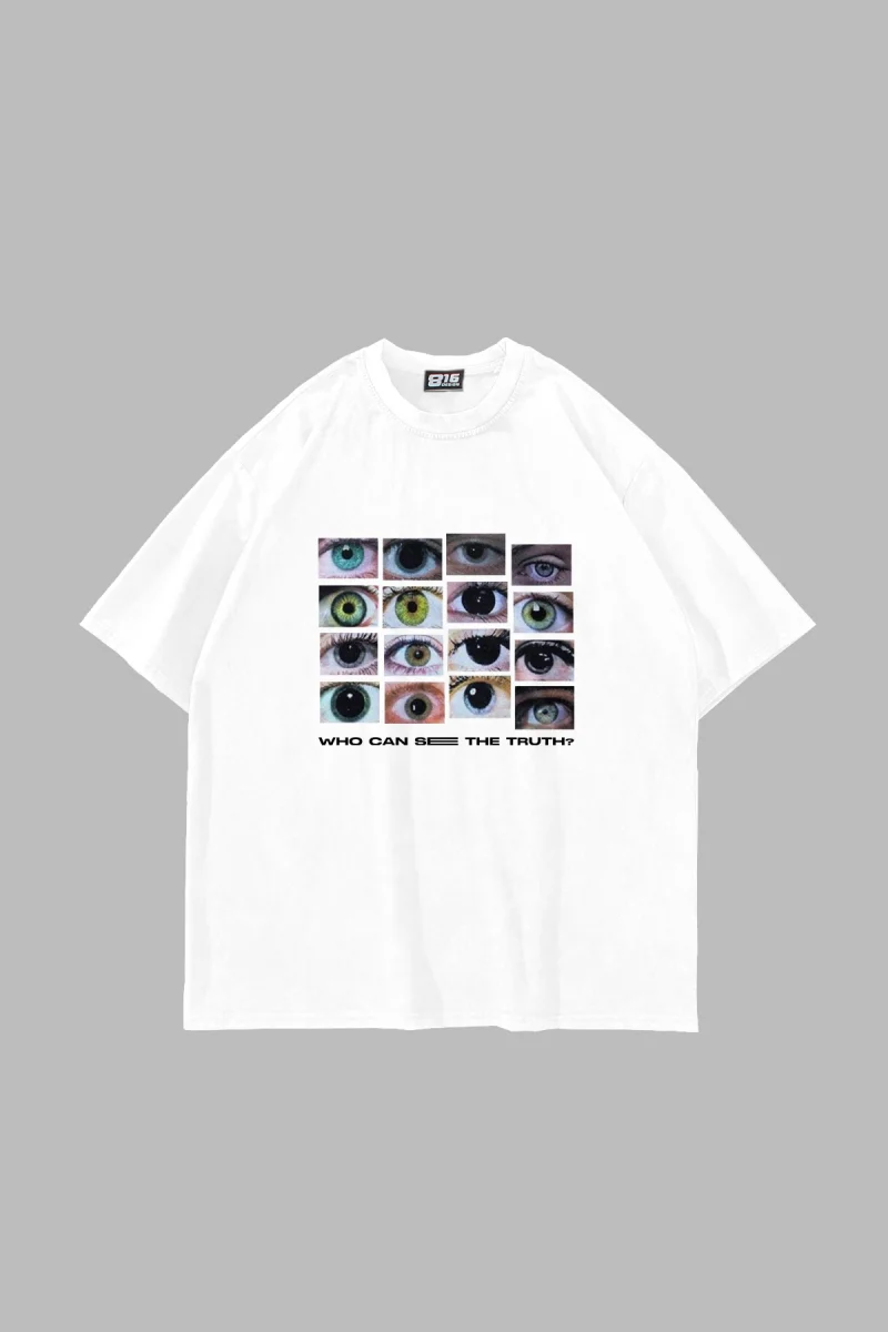 Who Can See Baskılı Oversize Unisex Beyaz Tshirt