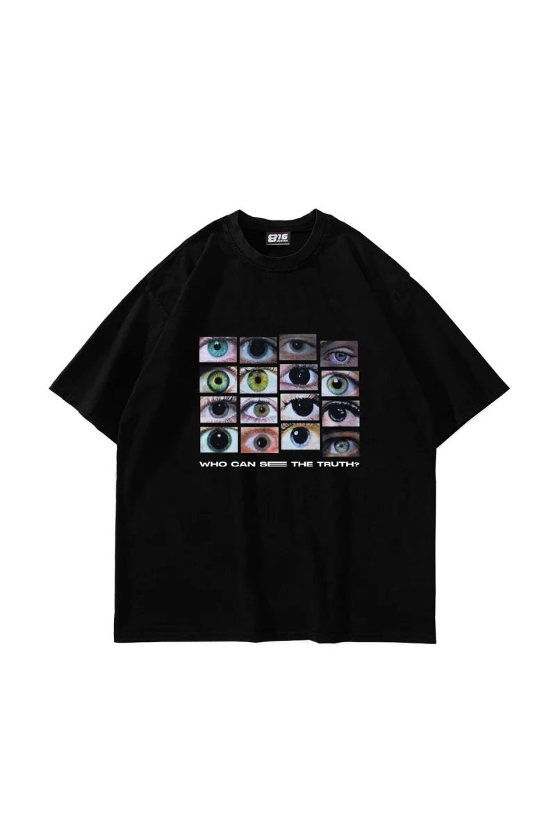 Who Can See Baskılı Oversize Unisex Siyah Tshirt