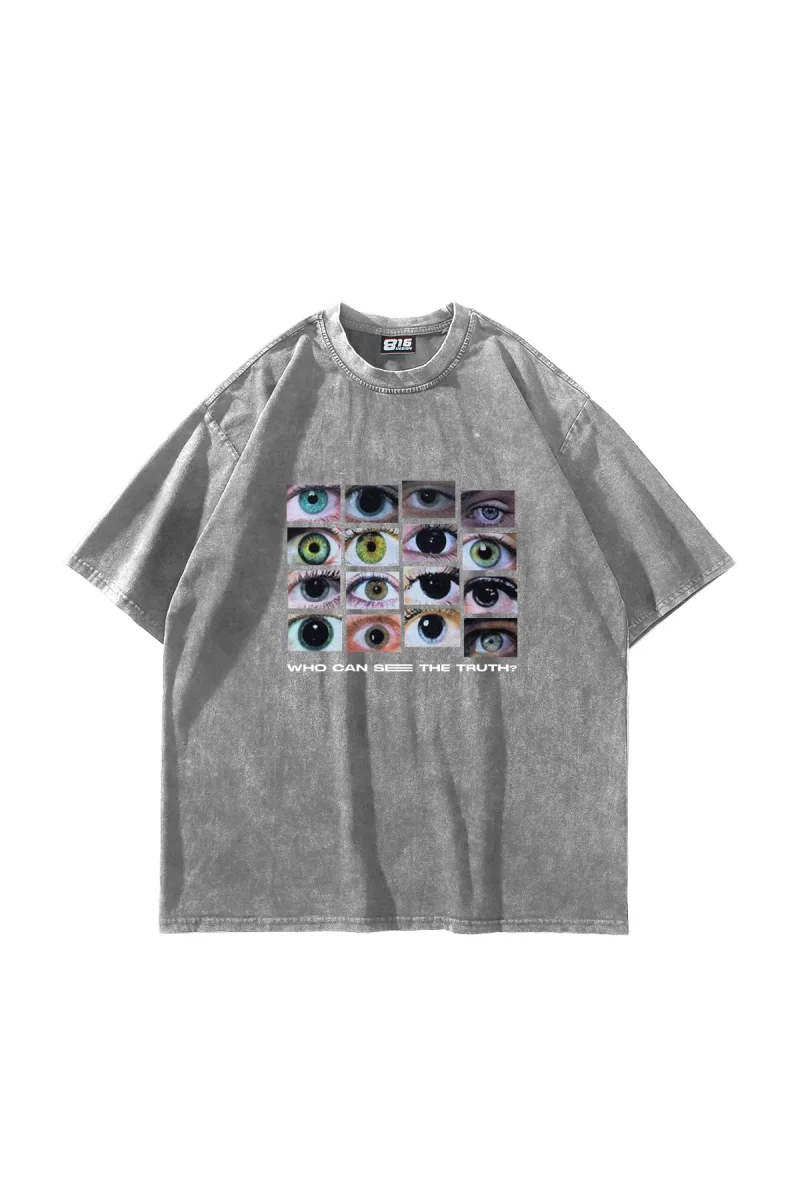 Who Can See Baskılı Oversize Unisex Yıkamalı Beyaz Tshirt