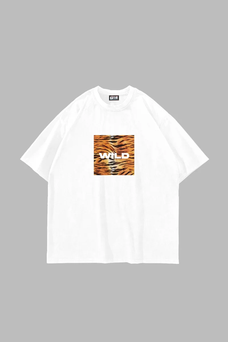 Wild Baskılı Oversize Unisex Beyaz Tshirt