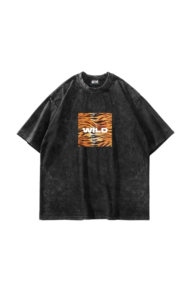 Wild Baskılı Oversize Unisex Yıkamalı Siyah Tshirt