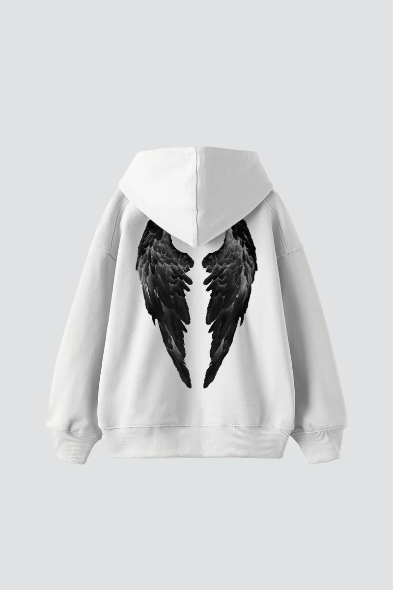 Wing Baskılı Oversize Unisex Beyaz Hoodie