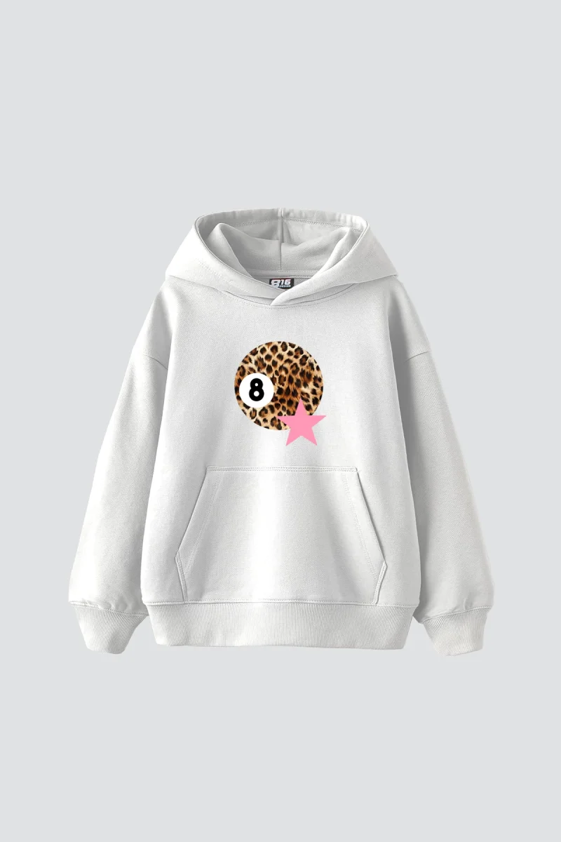 Leopard Billiard Ball Baskılı Oversize Unisex Beyaz Hoodie