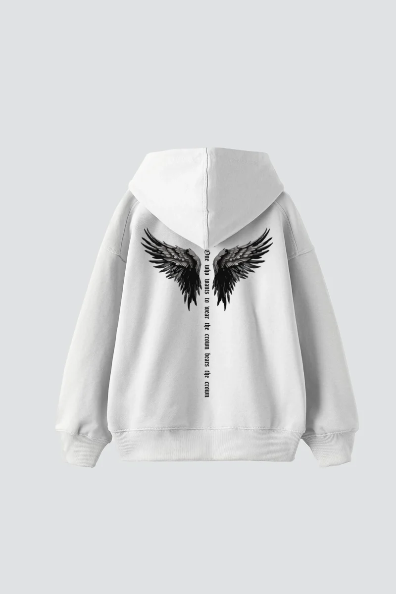 Winged Crown Baskılı Oversize Unisex Beyaz Hoodie