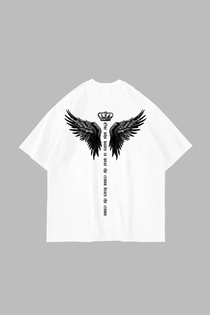 Winged Crown Baskılı Oversize Unisex Beyaz Tshirt