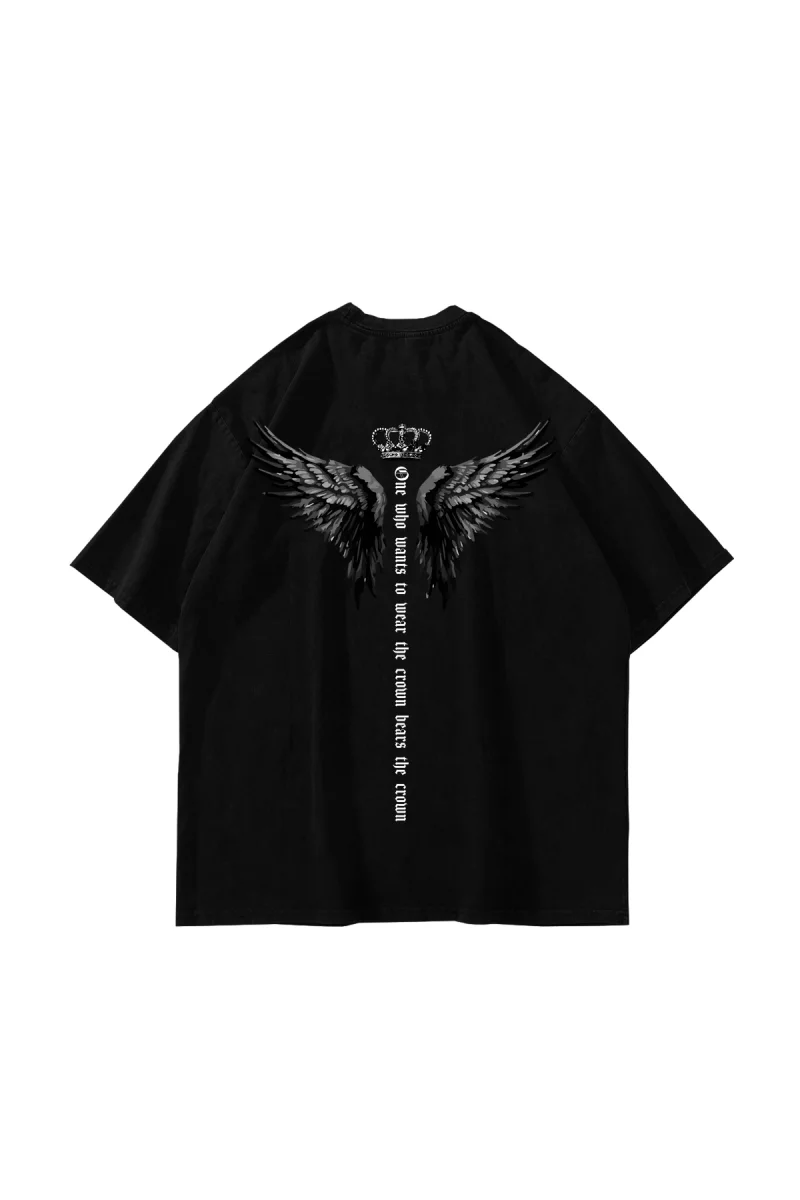 Winged Crown Baskılı Oversize Unisex Siyah Tshirt