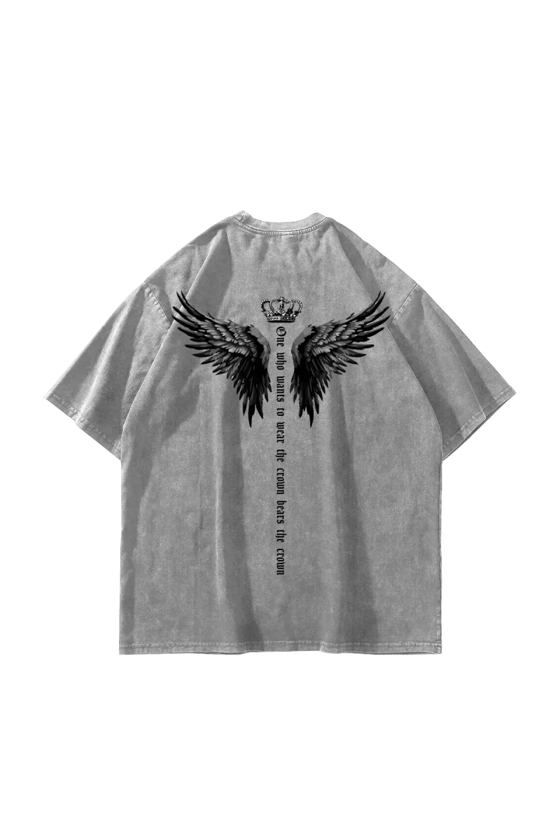 Winged Crown Baskılı Oversize Unisex Yıkamalı Beyaz Tshirt
