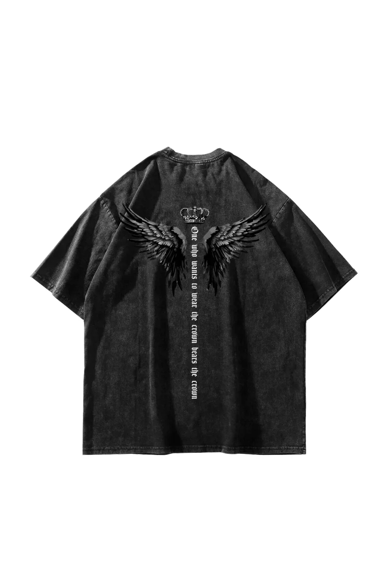 Winged Crown Baskılı Oversize Unisex Yıkamalı Siyah Tshirt