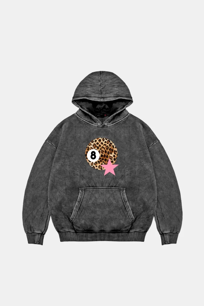 Leopard Billiard Ball Oversize Unisex Yıkamalı Siyah Hoodie
