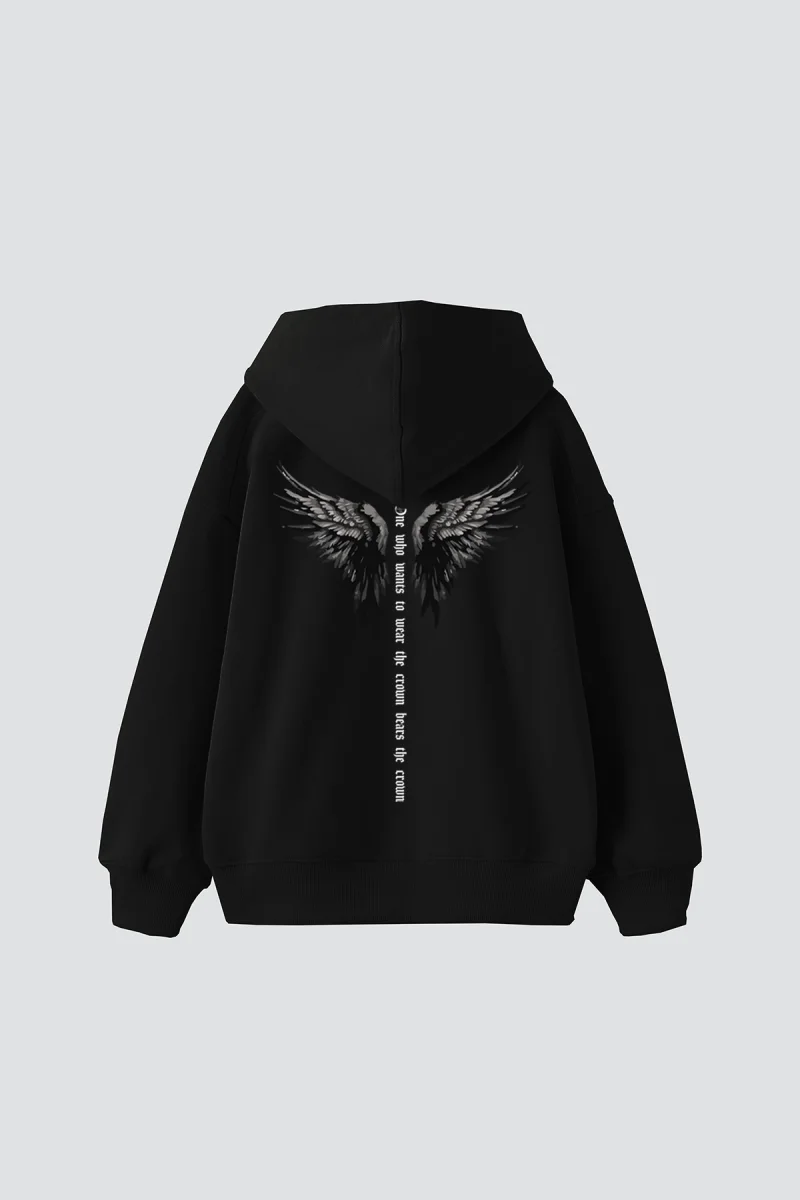 Winged Crown Baskılı Oversize Unisex Siyah Hoodie