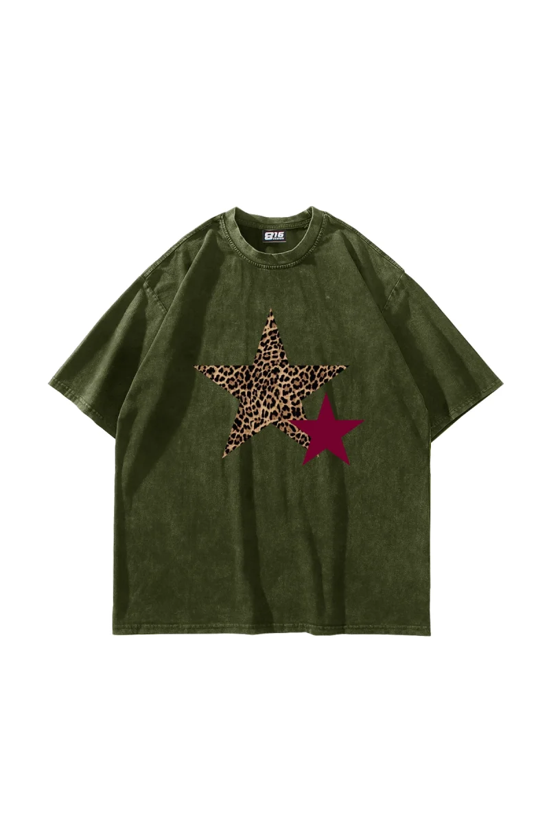 Y2k Leopar Star Baskılı Oversize Unisex Yıkamalı Yeşil Tshirt