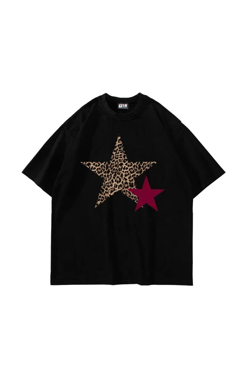 Y2k Leopar Starz Baskılı Oversize Unisex Siyah Tshirt