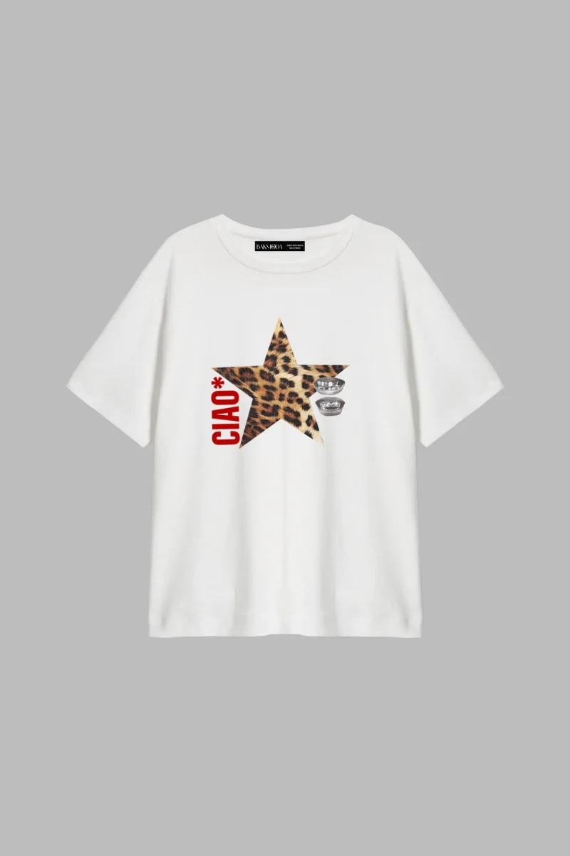 Ciao Yıldız Baskılı Relaxed Fit Beyaz Kadın Tshirt