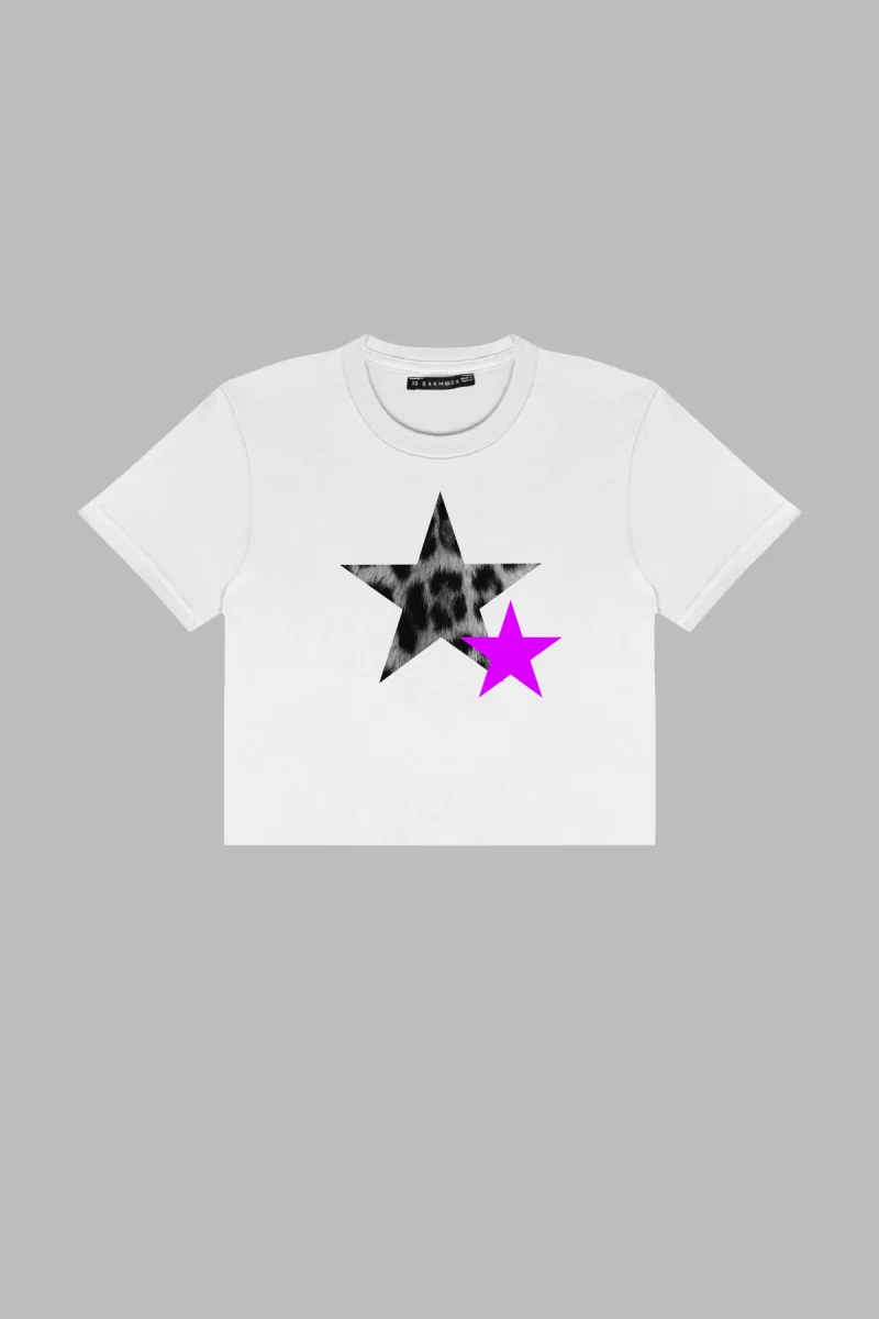 Y2k Leopar Starz V2 Baskılı Beyaz Crop Top