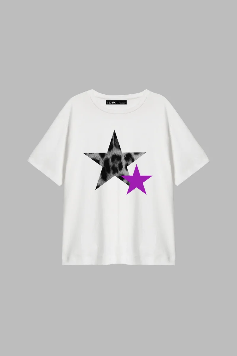 Y2k Leopar Starz V2 Baskılı Relaxed Fit Beyaz Kadın Tshirt