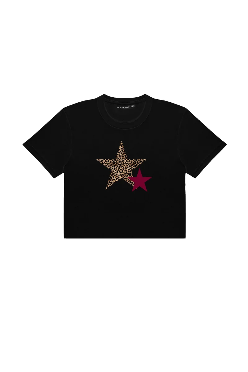 Y2k Star Baskılı Siyah Crop Top