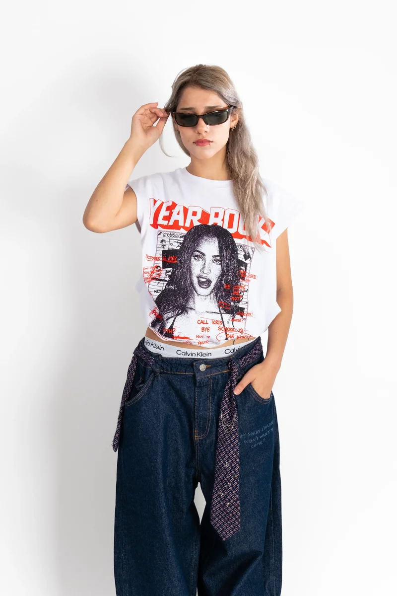 Yearbook Megan Fox Baskılı Beyaz Sıfır Kol Tshirt
