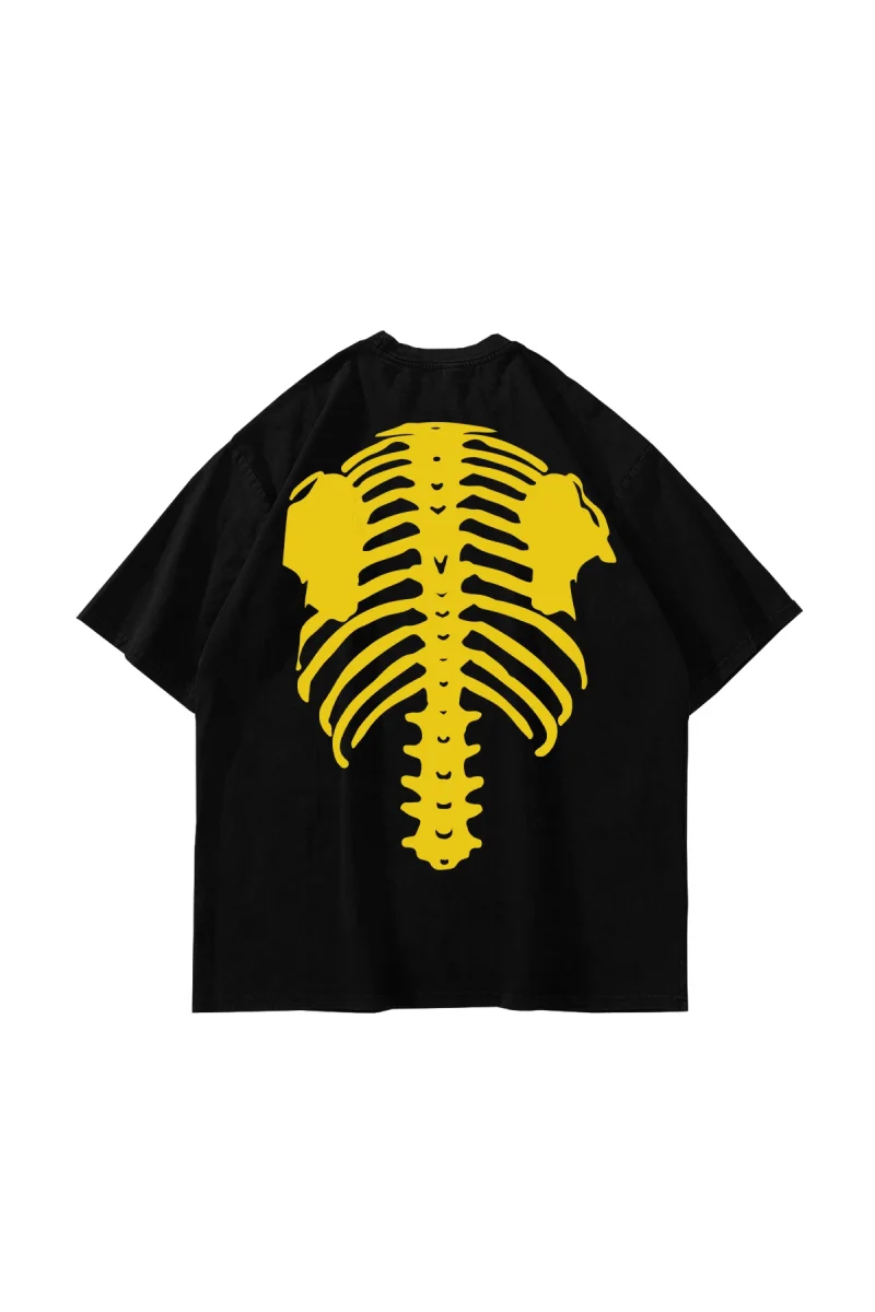 Yellow Ribcage Baskılı Oversize Unisex Siyah Tshirt