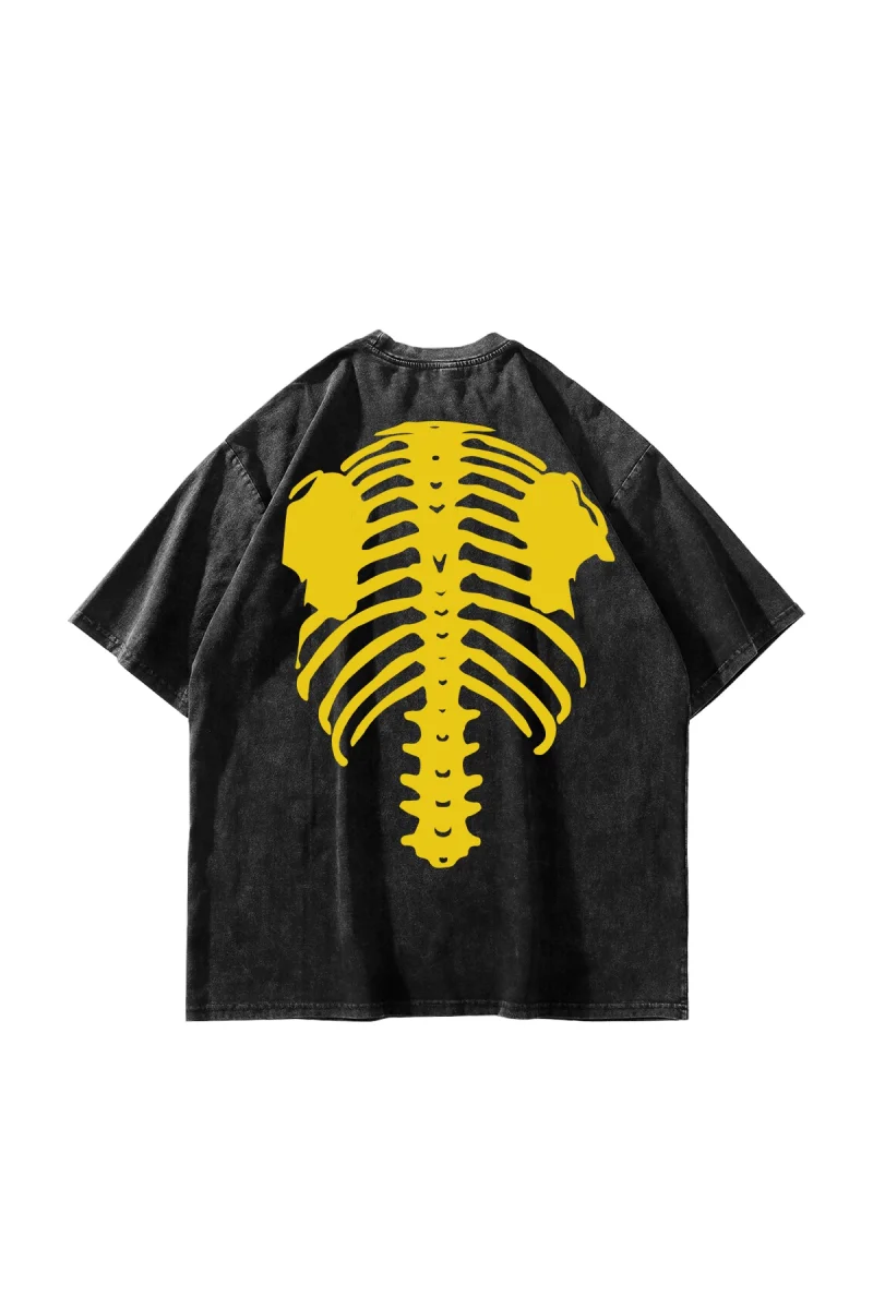 Yellow Ribcage Baskılı Oversize Unisex Yıkamalı Siyah Tshirt