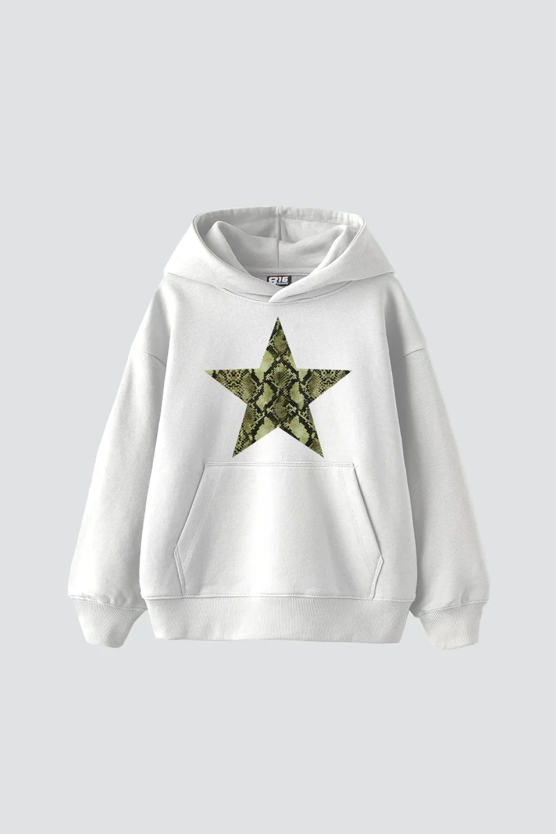 Yeşil Yılan Starz Baskılı Oversize Unisex Premium Beyaz Hoodie