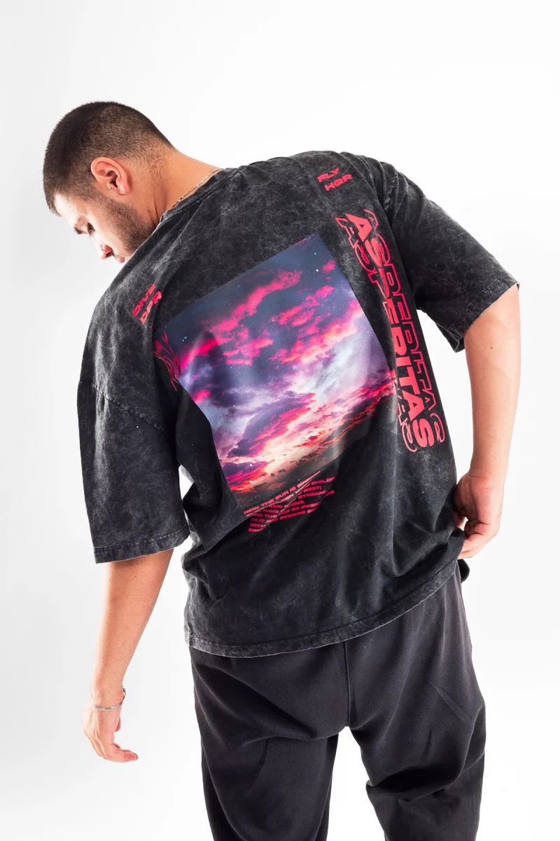 Yıkamalı Asperitas Sırt Baskılı Siyah Oversize Unisex Tshirt