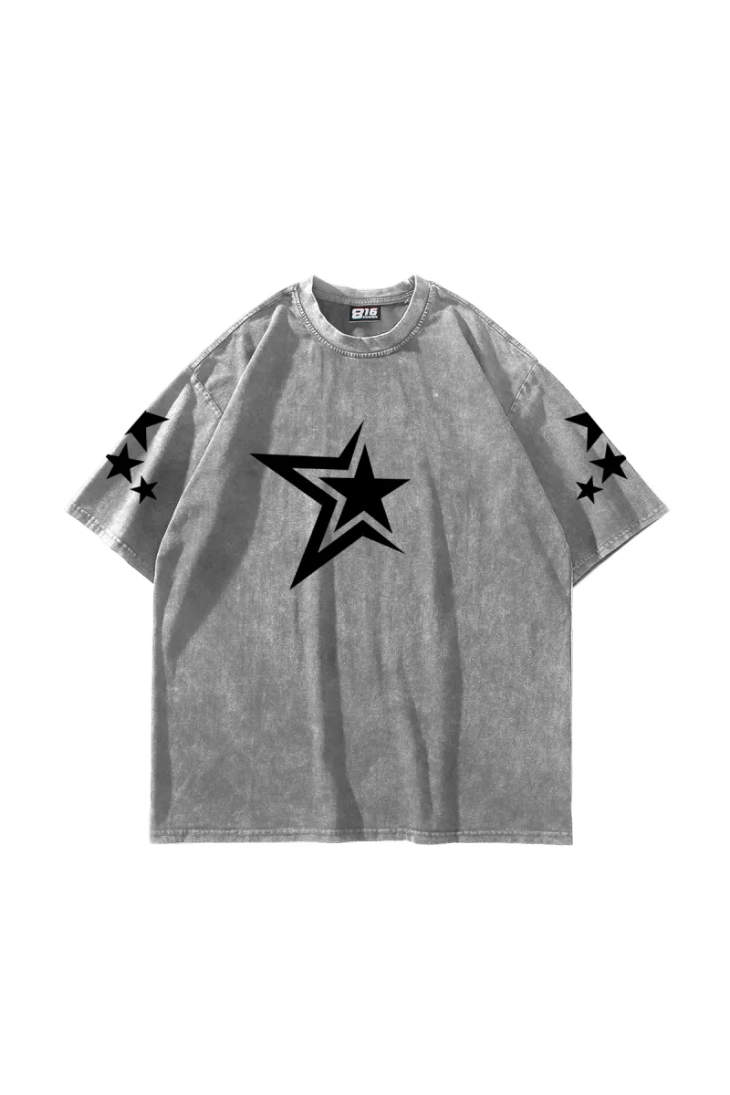 Yıkamalı Beyaz 816 Stars Baskılı Oversize Unisex Tshirt