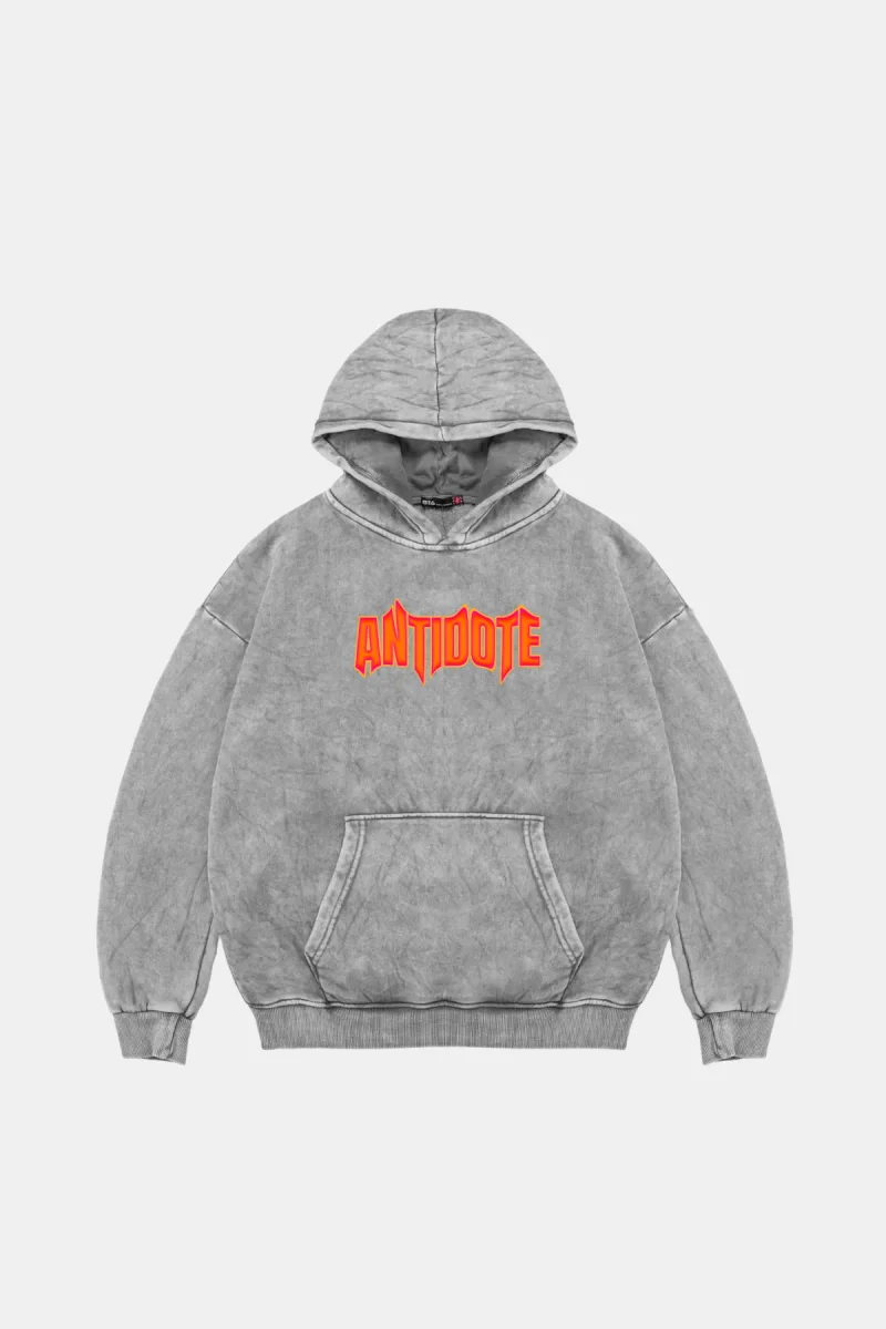 Yıkamalı Beyaz Antidote Baskılı Oversize Unisex Hoodie