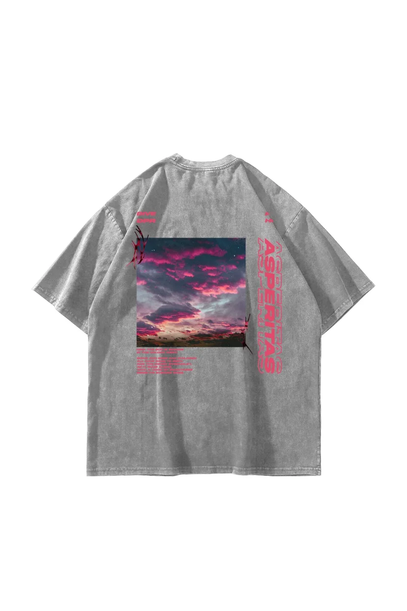 Yıkamalı Beyaz Asperitas Sırt Baskılı Oversize Unisex Tshirt