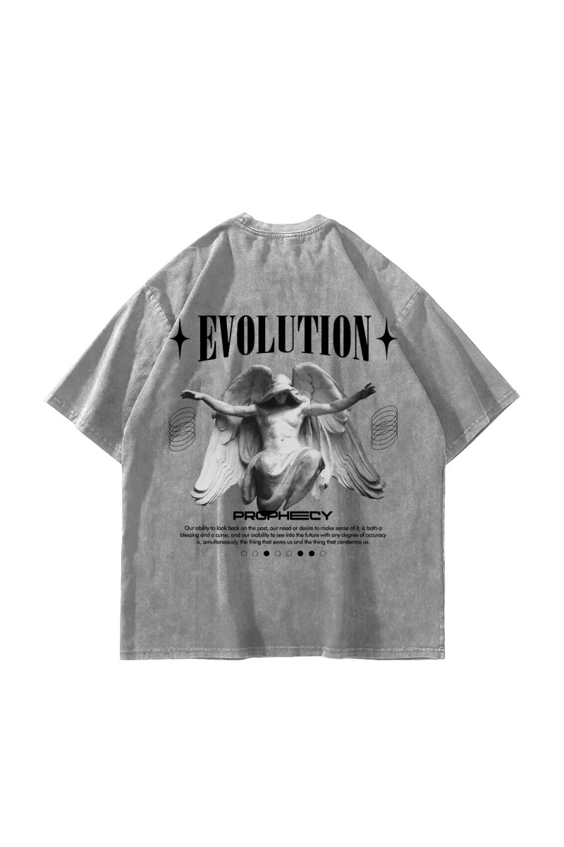 Yıkamalı Beyaz Evolution Sırt Baskılı Oversize Unisex Tshirt