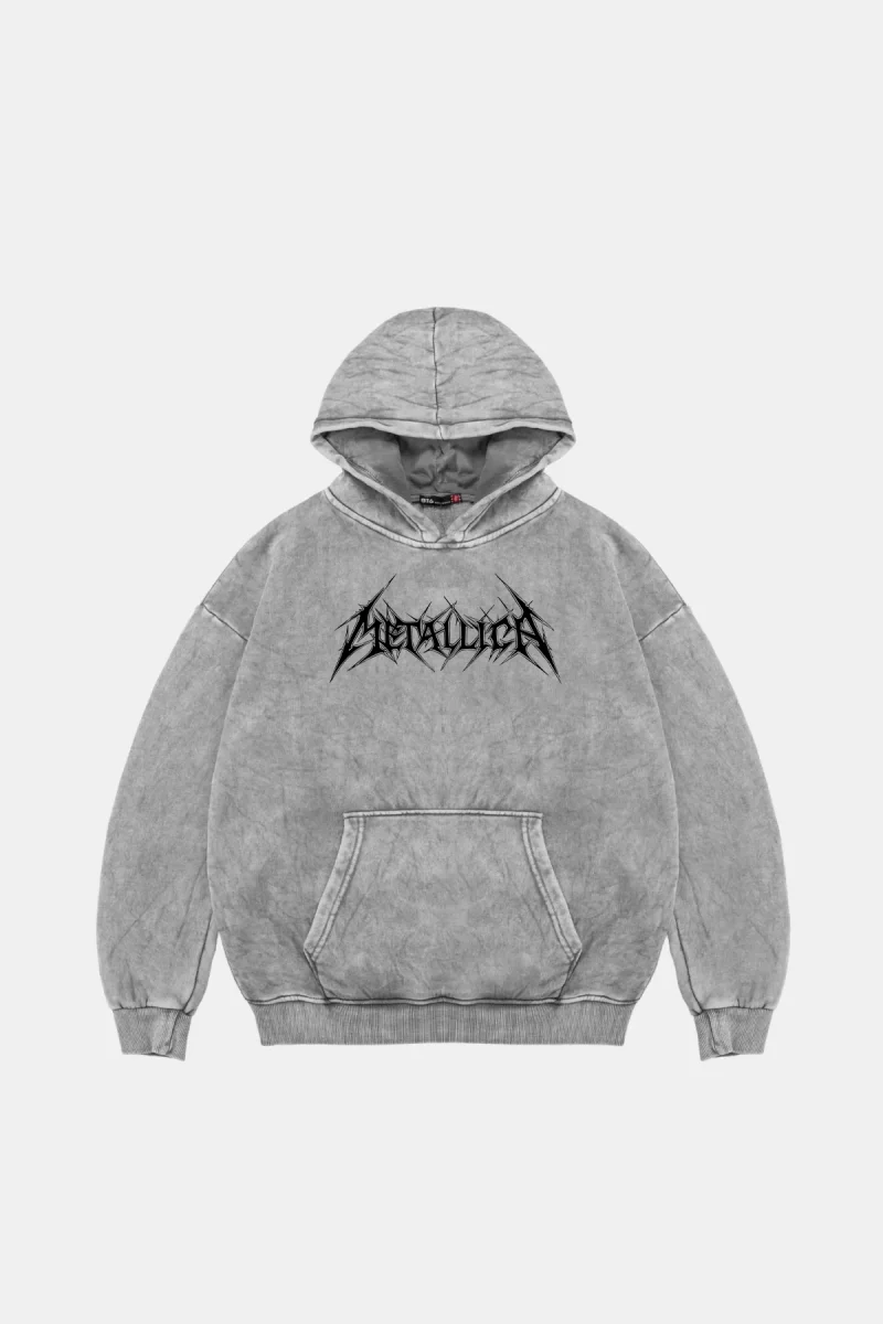 Yıkamalı Beyaz Metallica Logo Baskılı Oversize Unisex Hoodie