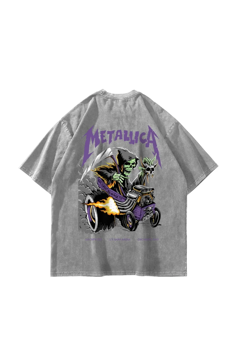 Yıkamalı Beyaz Metallica Mor Sırt Baskılı Beyaz Unisex Oversize Tshirt