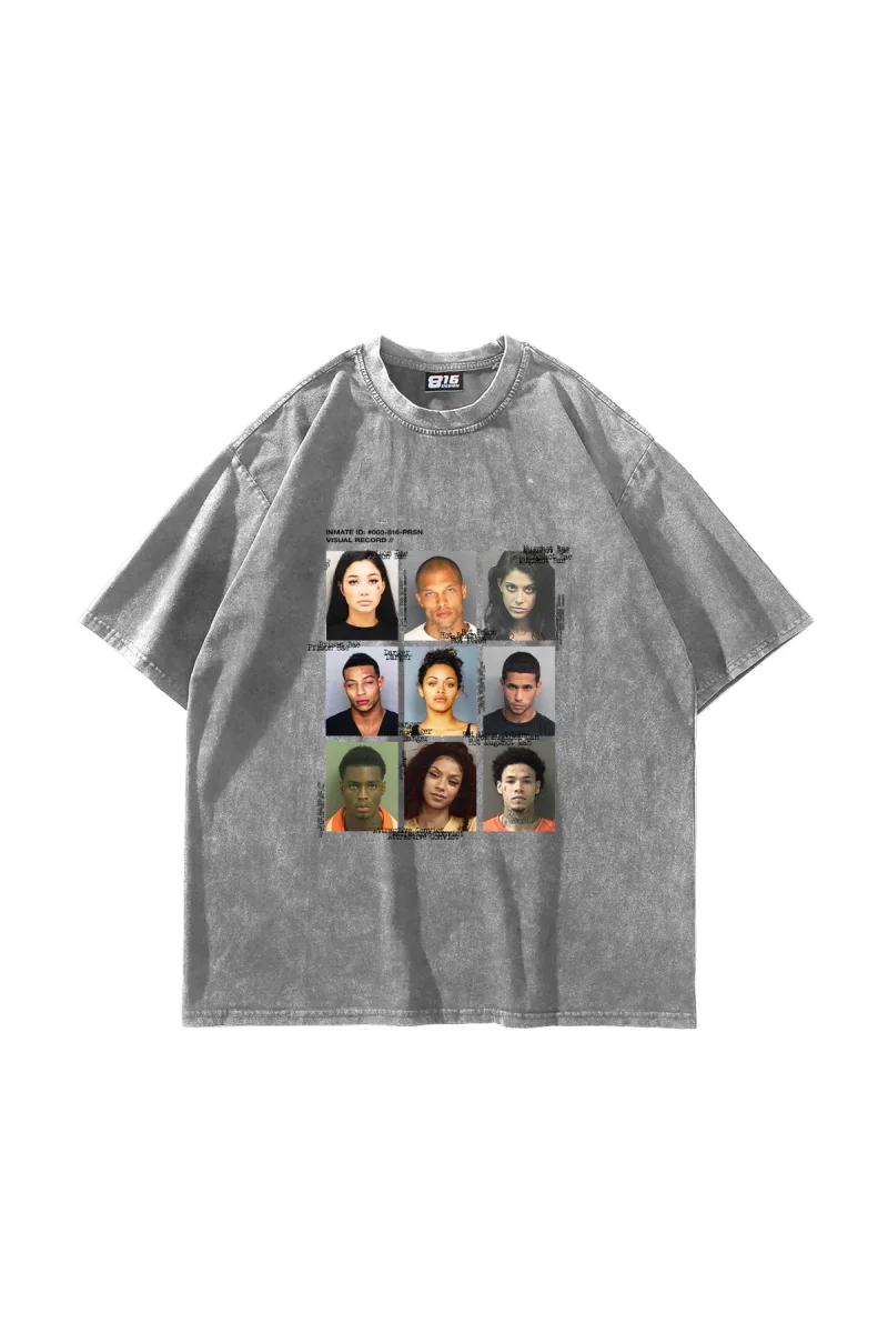 Yıkamalı Beyaz Mugshot Baskılı Oversize Unisex Tişört