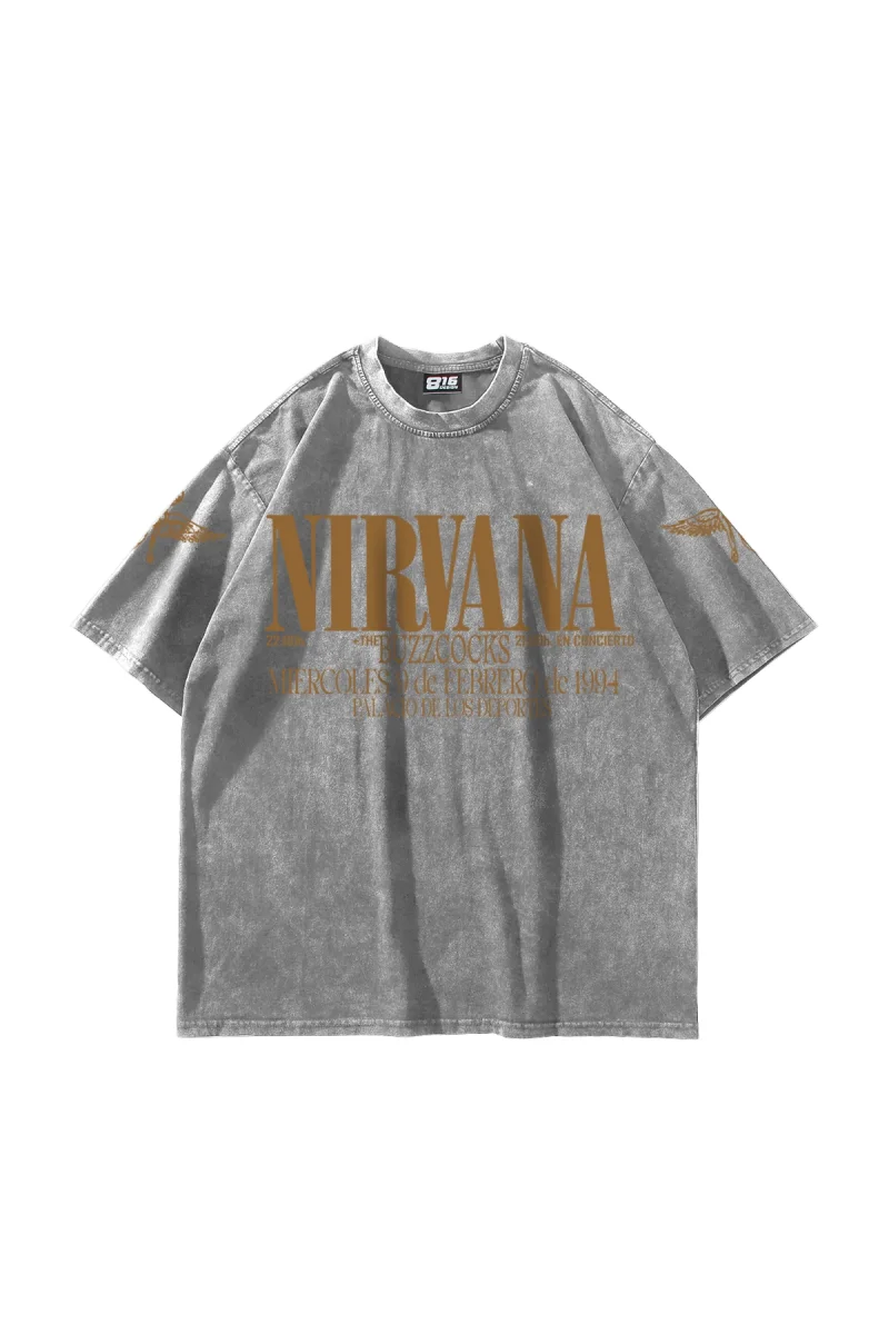 Yıkamalı Beyaz Nirvana Sırt Baskılı Unisex Oversize Tshirt