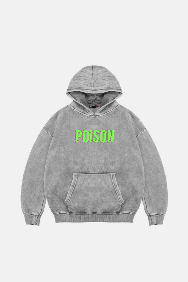 Yıkamalı Beyaz Poison Baskılı Oversize Unisex Hoodie