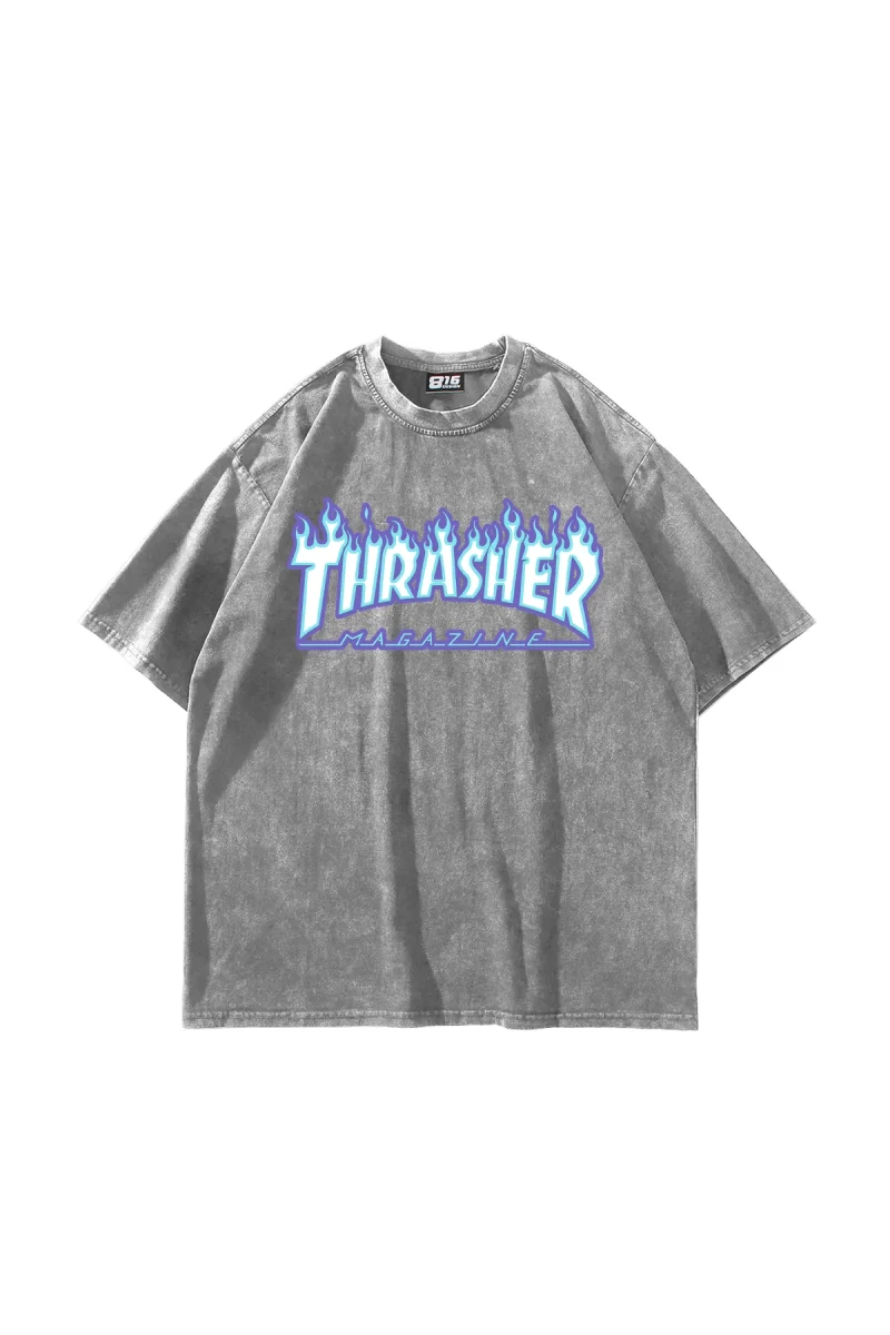 Yıkamalı Beyaz Thrasher Flam Baskılı Oversize Unisex Tshirt
