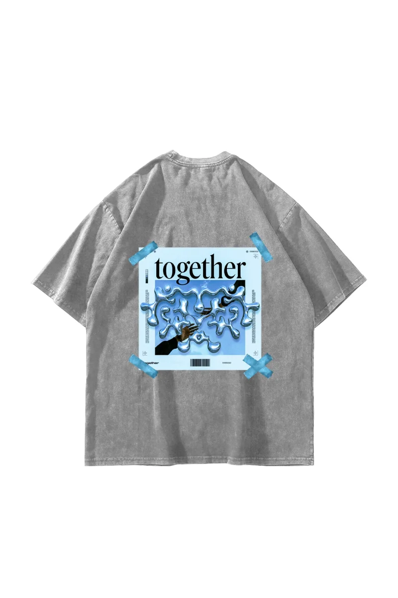 Yıkamalı Beyaz Together Sırt Baskılı Oversize Unisex Tshirt