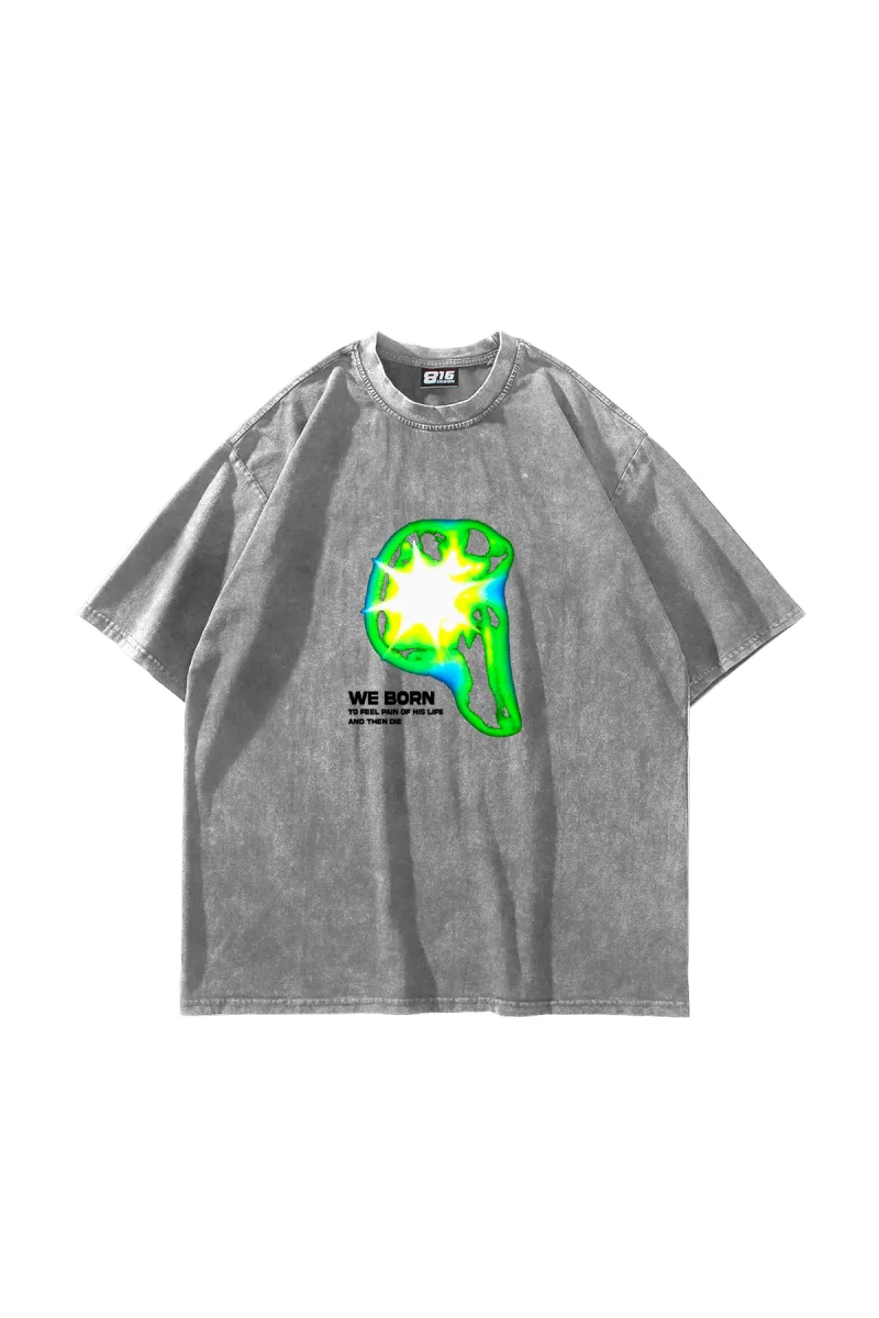 Yıkamalı Beyaz WE BORN Baskılı Oversize Unisex Tshirt