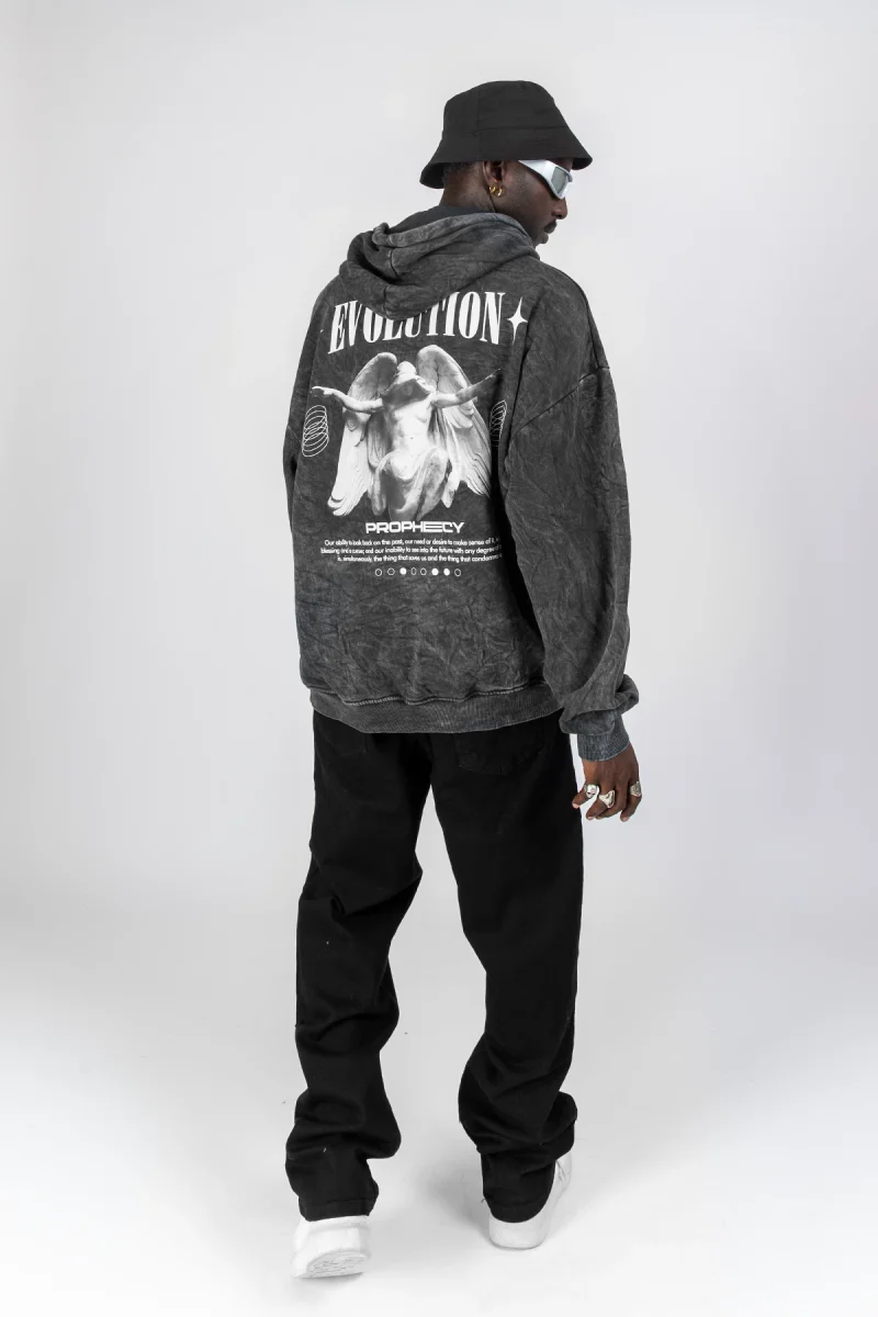 Yıkamalı Siyah Evolution Baskılı Oversize Unisex Kapüşonlu Hoodie