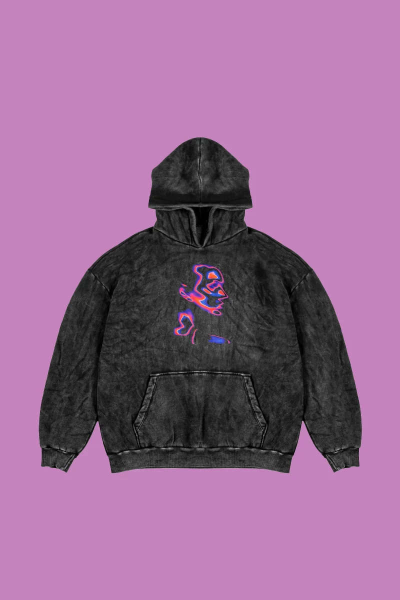 Yıkamalı Siyah İllusion Woman Baskılı Oversize Unisex Hoodie