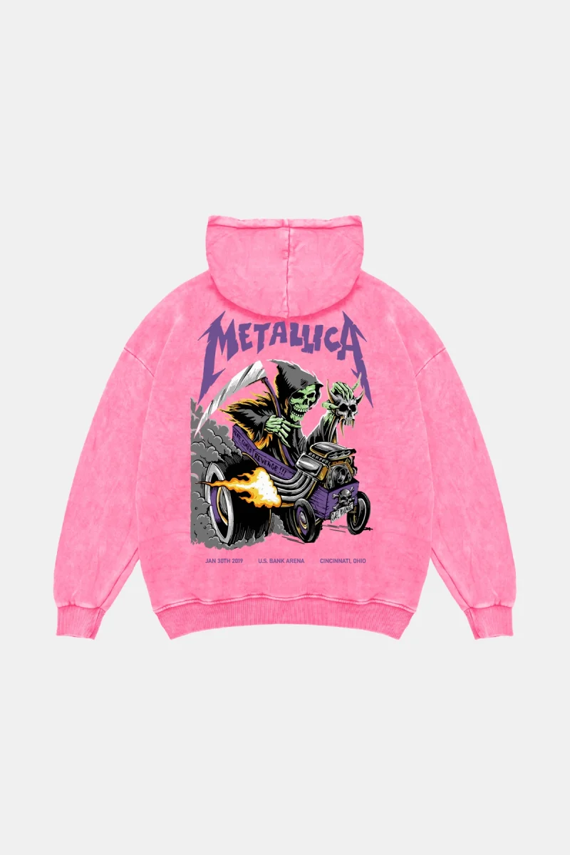 Yıkamalı Pembe Metallica Mor Sırt Baskılı Oversize Kapüşonlu Hoodie