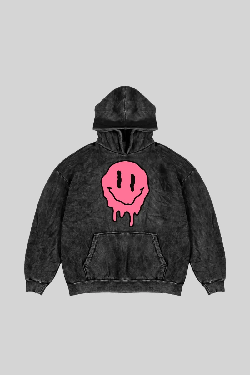Yıkamalı Siyah Acid Smile Baskılı Oversize Unisex Hoodie