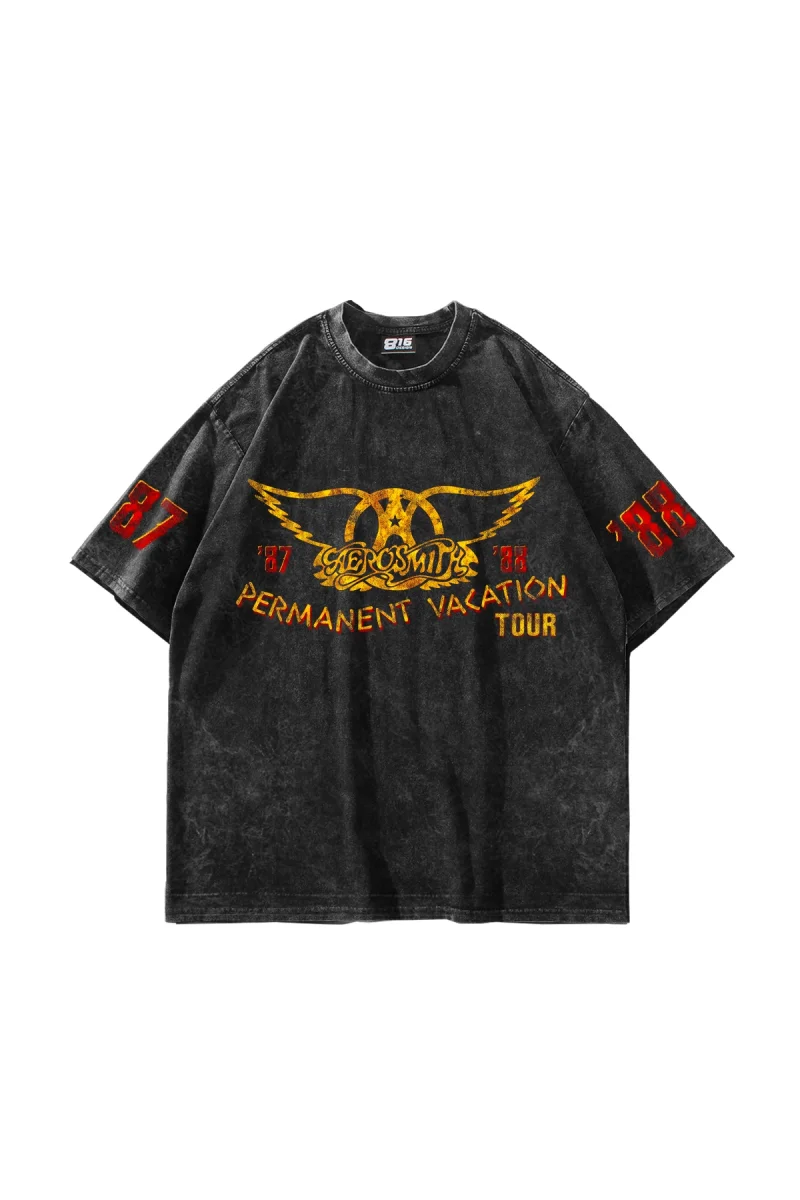 Yıkamalı Siyah Aerosmith Permanent Vacation Tour Baskılı Oversize Unisex Pamuk Tişört