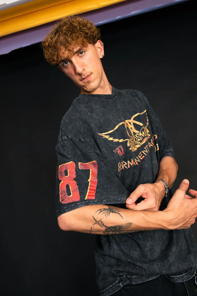 Yıkamalı Siyah Aerosmith Permanent Vacation Tour Baskılı Oversize Unisex Pamuk Tişört